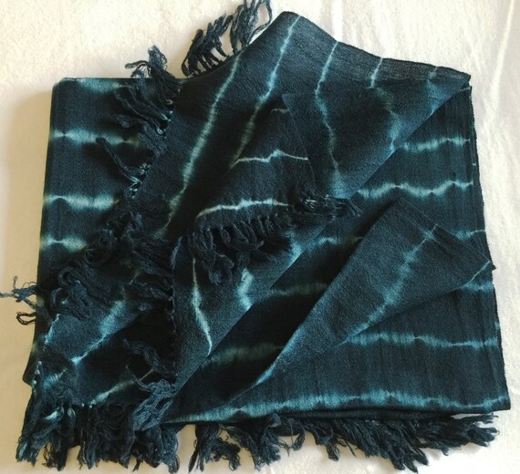 Pure Sheep wool scarf stole shawl wrap woven in indigo blue with Shibori style tie dye pattern with natural colors
