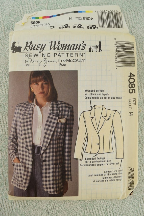 mccalls sewing pattern 4085 partially lined blazer jacket busy mccalls sewing pattern 4085 partially lined blazer jacket busy womans by nancy ziemer size 14 from 1989