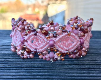 Micro-Macrame Beaded Cuff Bracelet - Light Pink Mix
