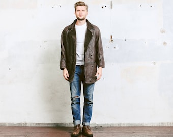 Mens 90s Sheepskin Jacket . Leather Shearling Coat Vintage Winter Leather Brown Fur Overcoat Outerwear Long Jacket . size Large