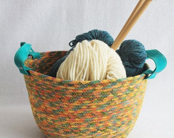Fabric Coiled Clothesline Basket with Leather Handles / Rope Coiled Basket / Extra Large Oval Fiesta by PrairieThreads