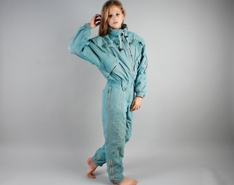 Turquoise Ski Suit Blue Snowsuit One Piece Ski Suit Hipster Winter Wear Turquoise Snow Gear Bright Jumpsuit Snowboard Pants Size Small