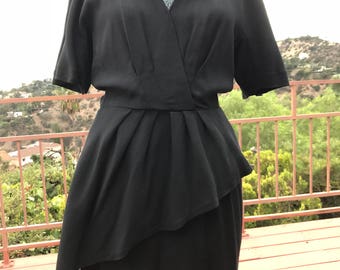 1980's Does 40's Black Dress w/ asymmetrical Peplum Size S/M