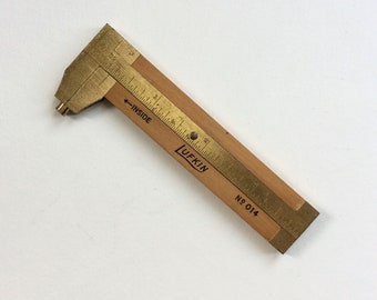 Vintage Lufkin Caliper, 4” Ruler, Made in England, No 014, Wood, Brass
