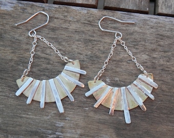 Silver and Brass Earrings, Sun, Native American Inspiration, Long Earrings, Maya, Inca, Ethnic, Boho. Handmade