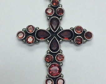 Victorian Gothic Blood Red Garnet Sterling Silver Cross Pendant 925