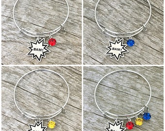 Comic Book BAM Superhero Bangle Charm Bracelet With Swarovski Crystal