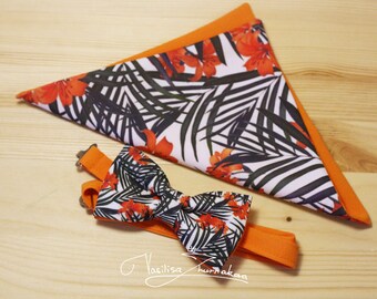 Tropical flowers bow tie and handkerchief