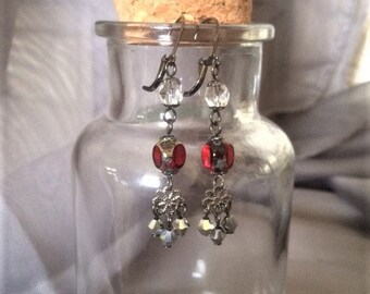 Maroon, Silver, and Crystal Flower Dangle Tiered Earrings; Crystal Flower Earrings; Flower Dangle Earrings; Crystal and Black Flower Earring
