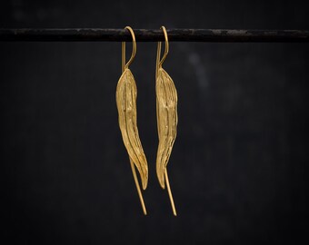 Long Earrings, Leaf Earrings, Gold Drop Earrings, Statement Earrings, Unusual Earrings, Gold Vermeil