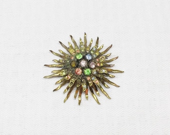 1940s Vintage Sunburst Brooch with Colorful Rhinestones