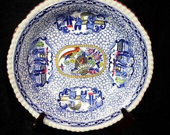 A great, blue and white large chinoserie bowl