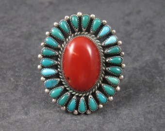 Vintage Navajo Petit Point Turquoise Coral Cluster Ring Size 7