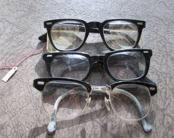 Vintage 1950's Eyeglasses Lot of 3 Black Horn Rim Glasses/ Magnifiers/ Safety Glasses/ Half Rim