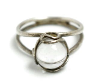 Vintage 1920s Pools of Light Rock Crystal Orb and Sterling Silver Split Shank Ring Size 6.25
