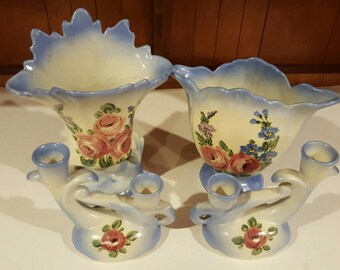 Vintage Camark Vase and Candle Holder Set with Floral Design