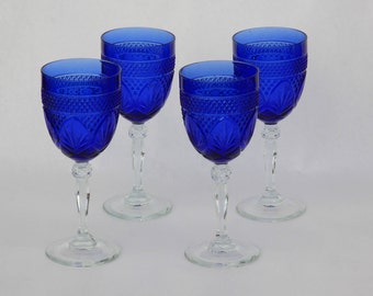 Cobalt Blue Glassware-4 Cristal D'Arques Durand Wine Glasses, 4 Vintage Blue Crystal Wine Glasses, Vintage Cobalt Blue, Vintage Glassware