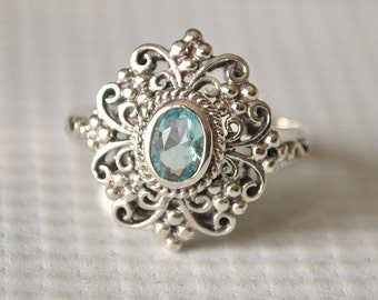 Sterling Silver Aquamarine Edwardian Ring Sz 8 #9765