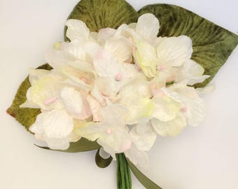cream velvet hydrangea posy. velvet flower posy. velvet corsage. velvet bouquet. millinery flowers.