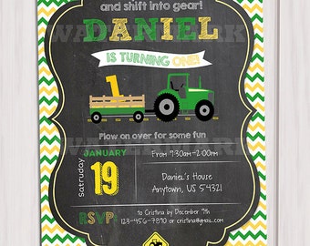Tractor Birthday Invitation Chalkboard Invitation Farm Birthday Invitation green tractor