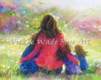 Mother Son Two Daughters Art Print, mother painting, garden mother, Mother's day gift, gift for mom, wall art, Vickie Wade art