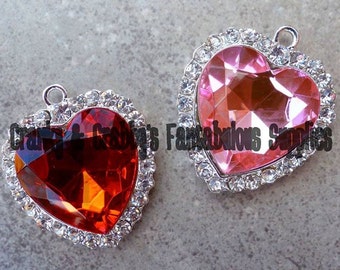 Large Faceted Crystal Heart Pendant - Chunky Necklaces - 41mm x 35mm Pink or Red
