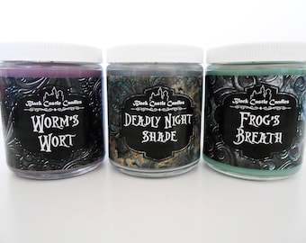 Nightmare Before Christmas Jar Candle Set - Deadly Night Shade - Worms Wort - Frogs Breath - Tim Burton Inspired