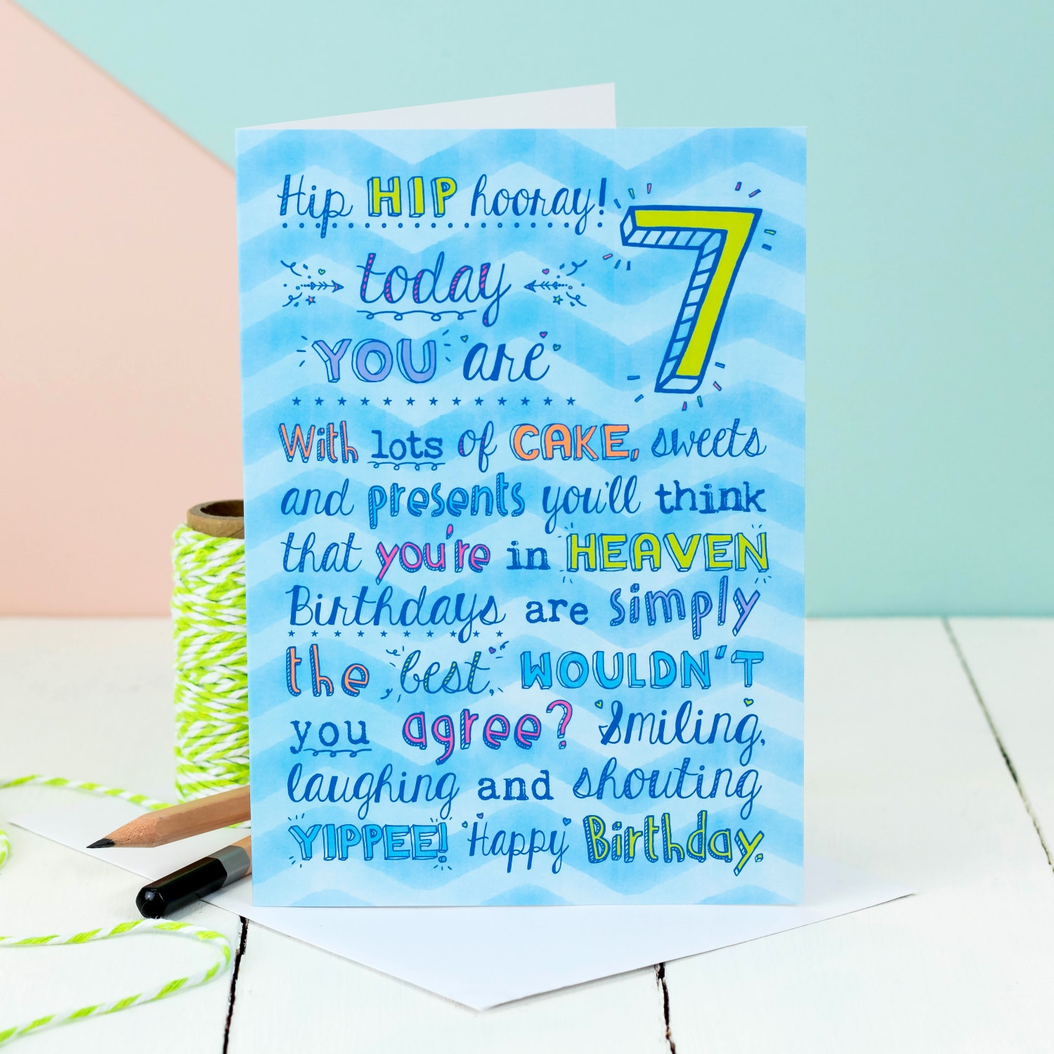 7th birthday card choice of pink or blue card for