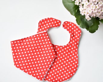 Polka dot feeding bib, Baby bib and bandana set, Classic bib, Toddler drool bib, Red dribble bib, Baby girl shower gift ideas
