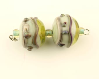 Lampwork Bead Pair, Light Green, Gray, Purple, Silver