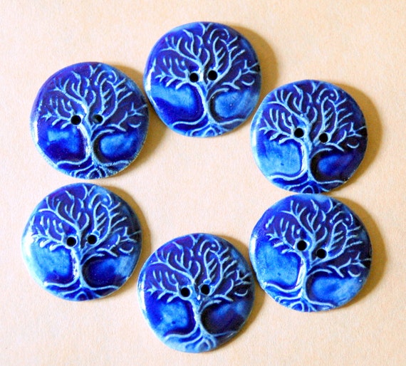 6 Handmade Ceramic Buttons Rich Blue Tree of Life Buttons