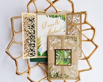 Tropical gold wedding invitations - Laser cut tropical invite {"Passionate" design - Sku: PasHel01}