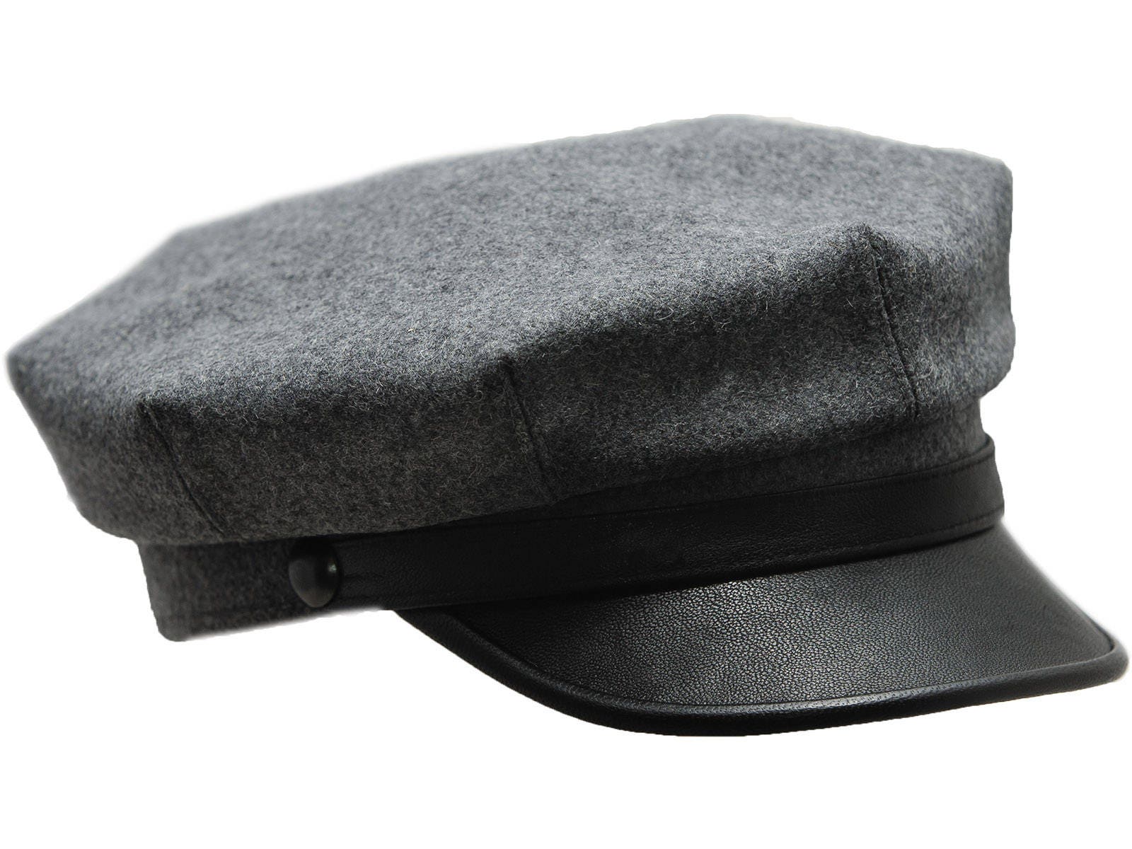 Motorcycle peaked cap with black genuine leather brim and grey