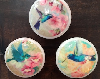 1.5 inch Hummingbirds cabinet knobs drawer pulls decoupaged