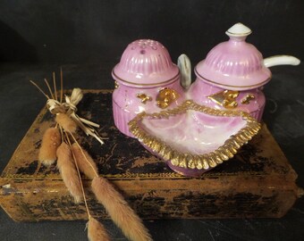 French vintage salt and pepper cellar .Condiment set . Pink.Hollywood regency