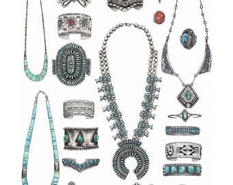 Old Pawn I. Turquoise Jewelry Collection . giclee print of original illustration by Hilary Wootton. two sizes available