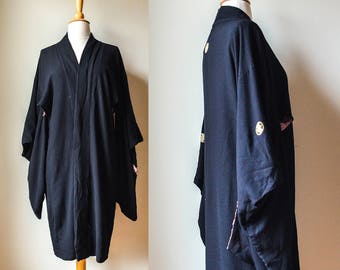 1920s 30s or Earlier Midnight Blue Black Kimono Style Robe Dressing Gown Silk Flapper TLC