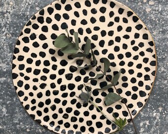 Large Platter Serving Plate Black polka dots gold rim