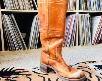 70s tan frye campus boots with deer head stitching size 7 1/2