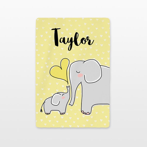 Elephant Personalized Baby Blanket Name Custom Gender Neutral Baby Boy Baby Girl Minky Fleece New Baby Gift Idea Cute Animal Gray Yellow