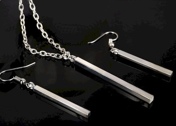 Silver Fashion Square Bar Necklace Pendant Earrings Jewelry Set Womans Girls Christian Jewelry - Saint Michaels Jewelry