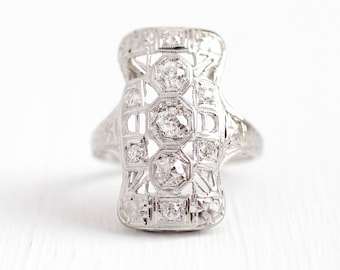 Sale - Diamond Shield Ring - Vintage 18K White Gold .54 CTW Filigree Dinner Ring - Size 4 3/4 Antique Art Deco 1930s Engraved Flower Jewelry