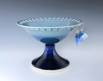 Blue Earring Stand, Ceramic Earring Holder, Porcelain Earring Pedestal, Blue Jewelry Organizer, Pottery Earring Holder, Jewelry Storage Dish