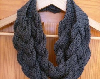 Crochet Double Layered Braided Cowl in Charcoal Grey
