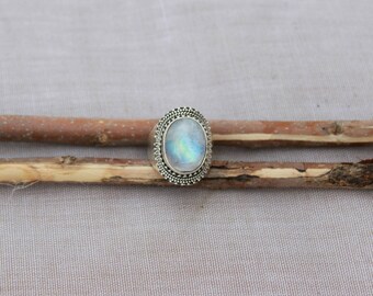 Natural Rainbow Moonstone In Handmade Sterling Silver Ring 925 Sterling Silver Ring