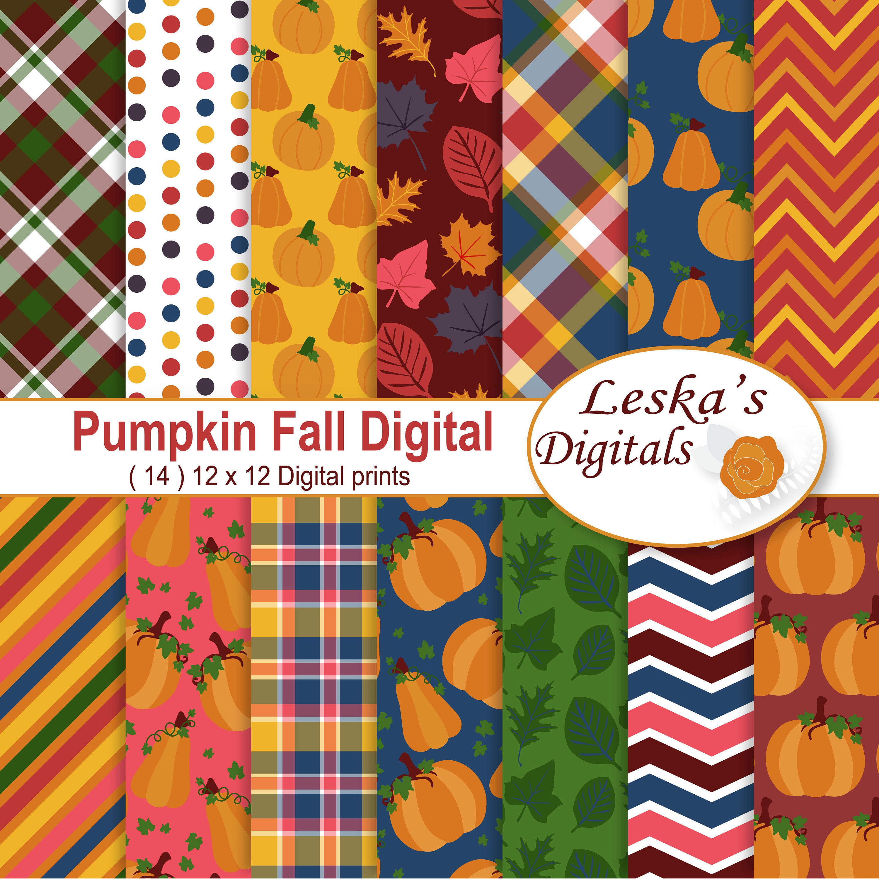Pumpkin Fall Digital Paper Autumn Scrapbooking Leaves