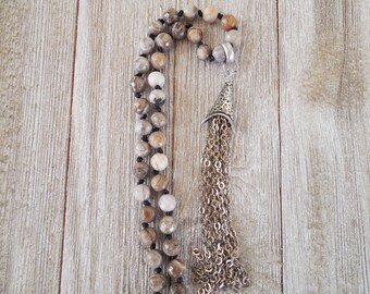 Long Boho Necklace with Silver Tassel - Jasper Necklace - Boho Chic - Hippie Necklace - Bohemian - Wife Gift - Hand Knotted - One of a Kind