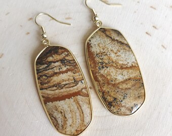 Picture Jasper Drop Earrings // Brown Oval Earrings // Tan Dangle Earrings // Gold Earrings