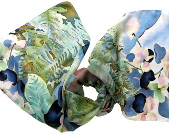 silk scarf Fern Flowers in Matisse colors. Hand painted silk scarf. Floral Batik Scarves. Green, blue, pink. Handpainted silk flowers
