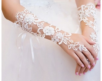 Ivory Bridal Gloves Wedding Gloves Elbow Gloves Bridal Ivory Lace Gloves Flower Gloves Ivory Fingerless Gloves Long Gloves